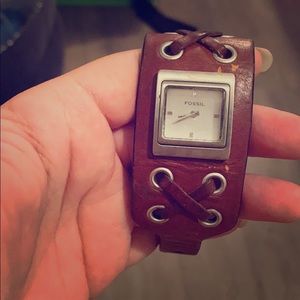 Leather fossil cuff watch